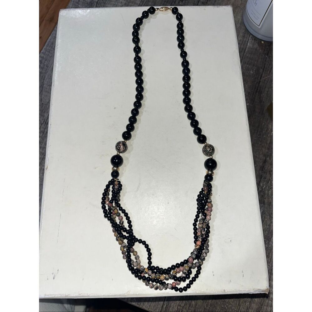Beaded Statement Collar Necklace – Multi-Strand Stone Beads – 14K Gold Clasp